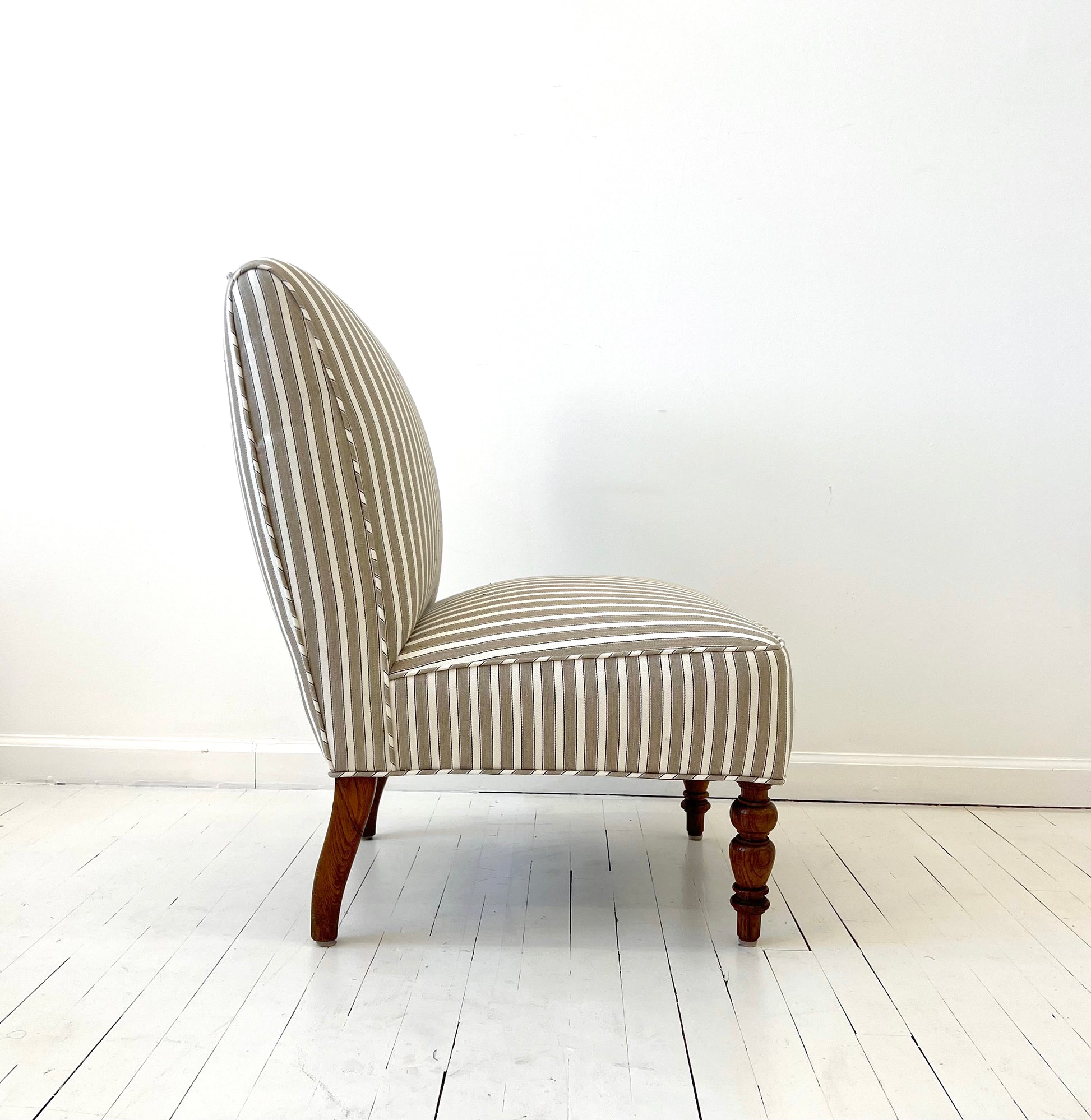 Scandinavian Striped Slipper Lounge Chairs | 20th Century Linen/ Cotton Upholstery, Set of 2