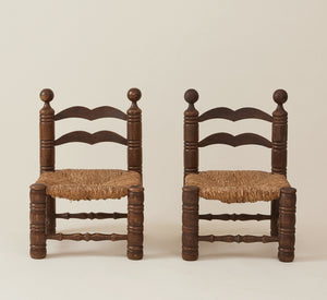 Charles Dudouyt Brutalist Low Fireside Chairs, Oak and Rush, a Pair