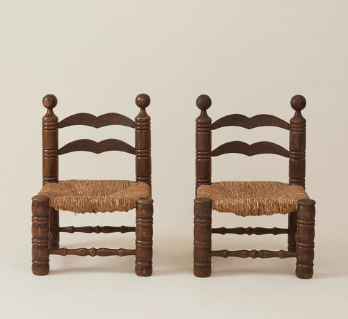 Charles Dudouyt Brutalist Low Fireside Chairs, Oak and Rush, a Pair
