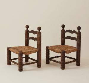 Charles Dudouyt Brutalist Low Fireside Chairs, Oak and Rush, a Pair