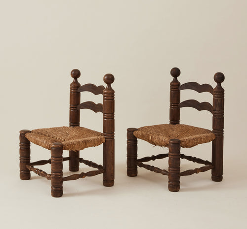 Charles Dudouyt Brutalist Low Fireside Chairs, Oak and Rush, a Pair