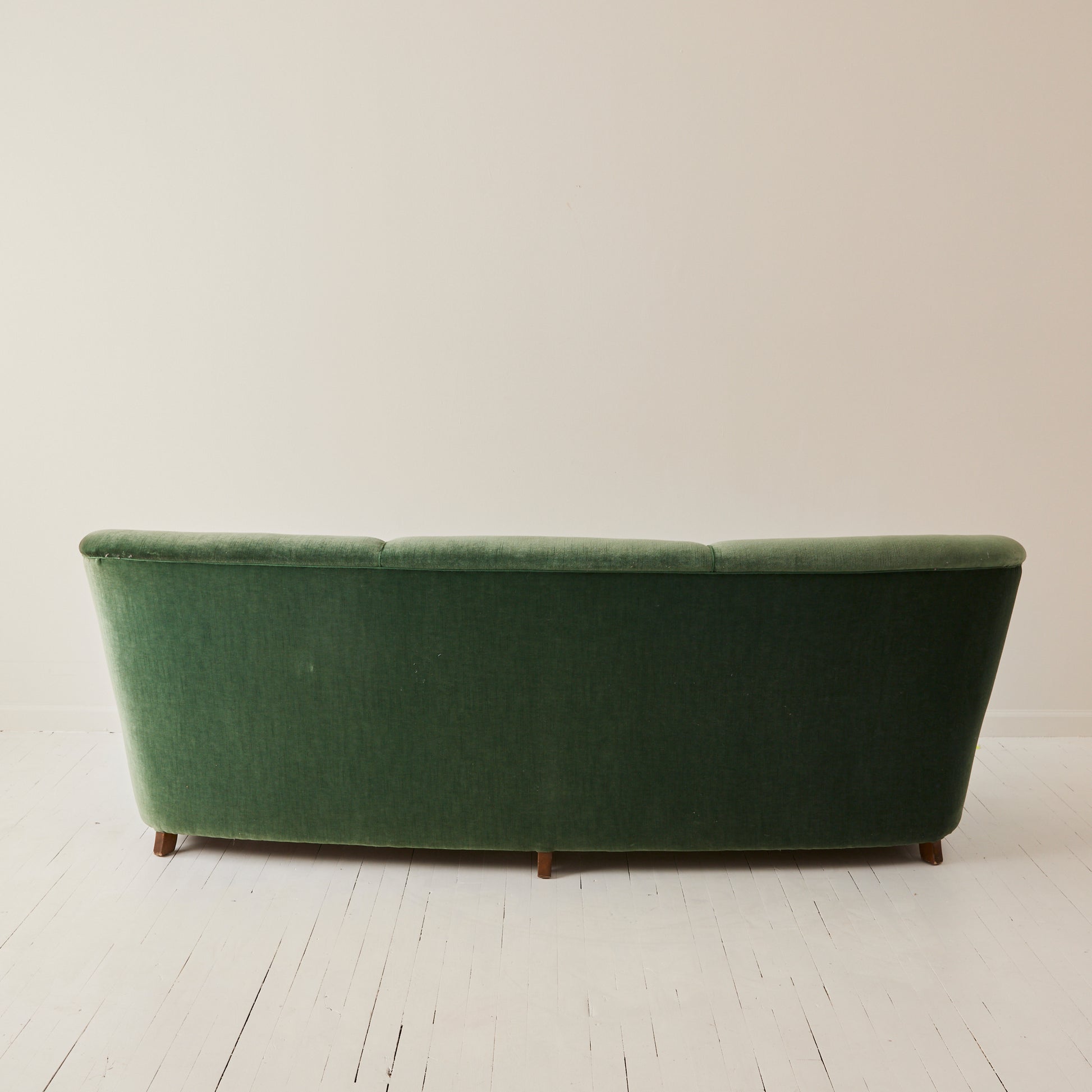 Danish velvet covered three seat sofa with slight curve, 1940's