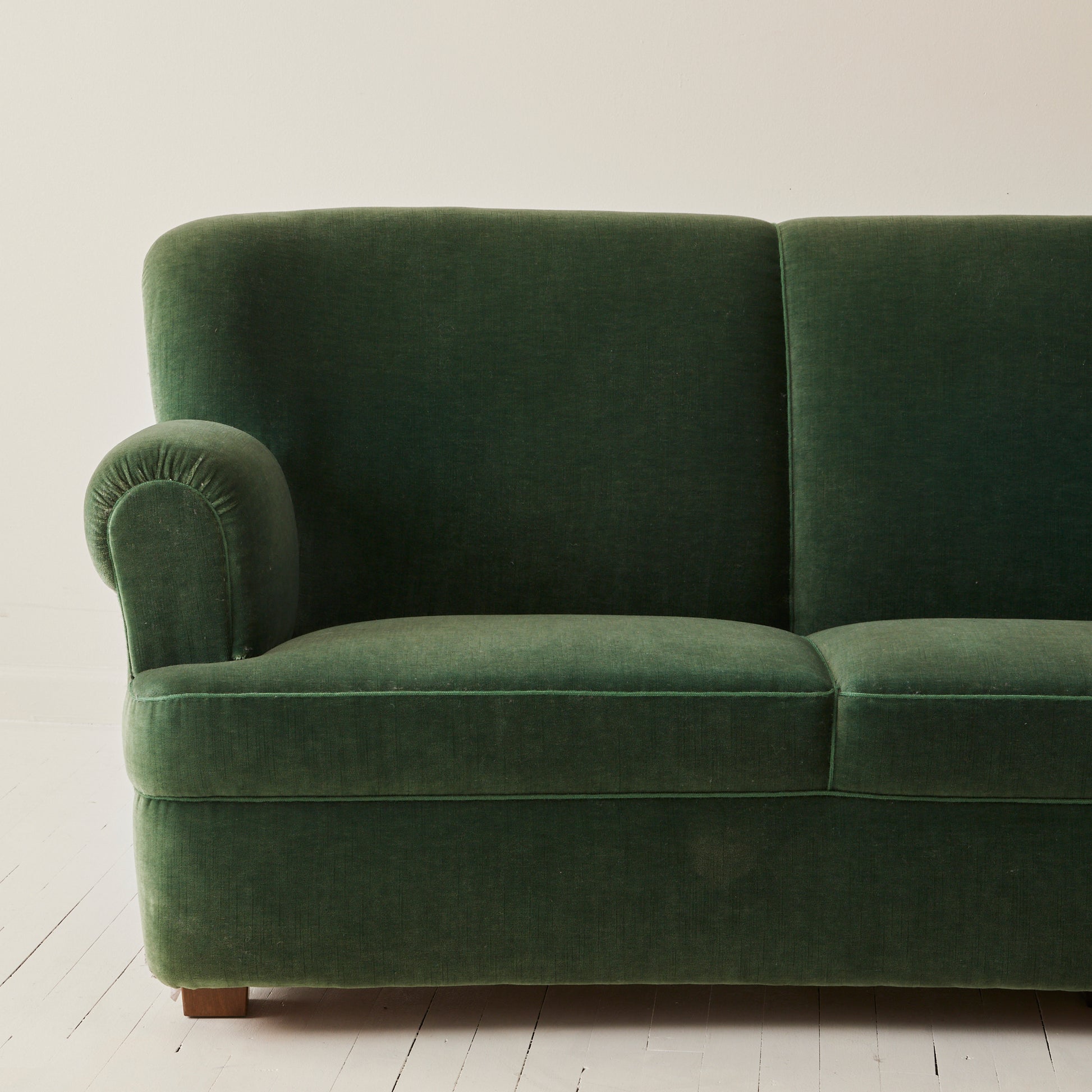 Danish velvet covered three seat sofa with slight curve, 1940's