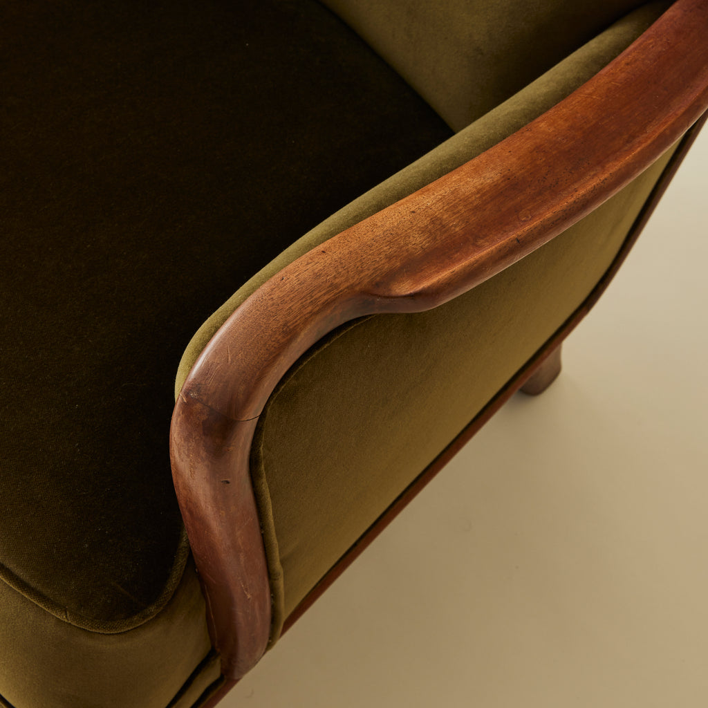 Danish Lounge Chair With Velvet and Wood Trimmed Armrest, 1940's