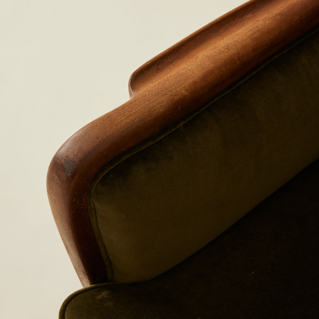 Danish Lounge Chair With Velvet and Wood Trimmed Armrest, 1940's