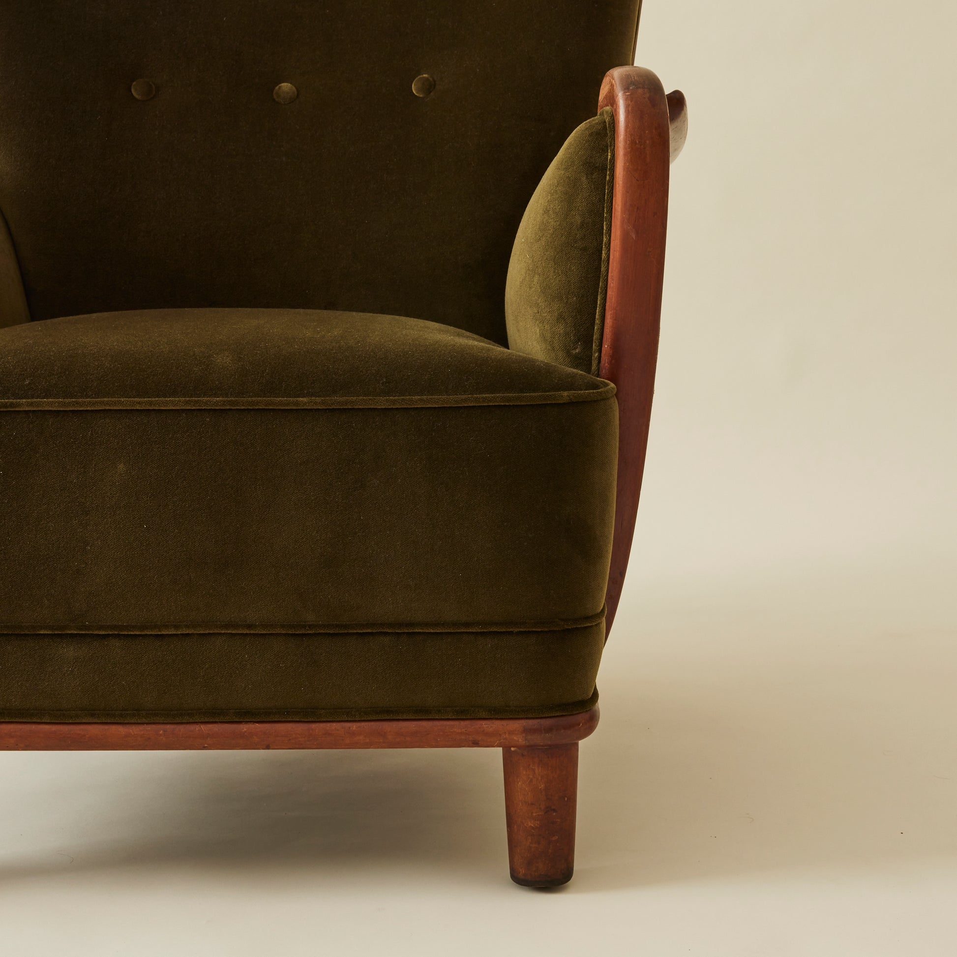 Danish Lounge Chair With Velvet and Wood Trimmed Armrest, 1940's