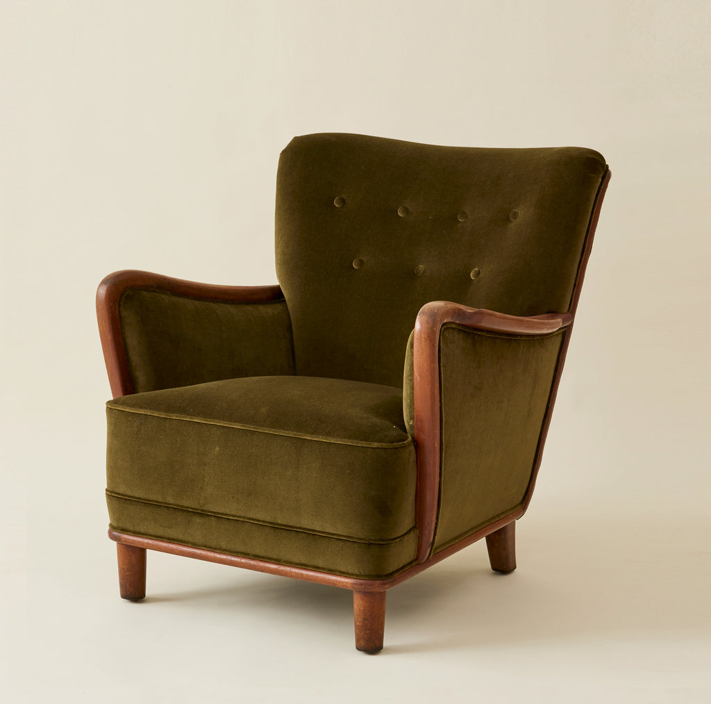 Danish Lounge Chair With Velvet and Wood Trimmed Armrest, 1940's
