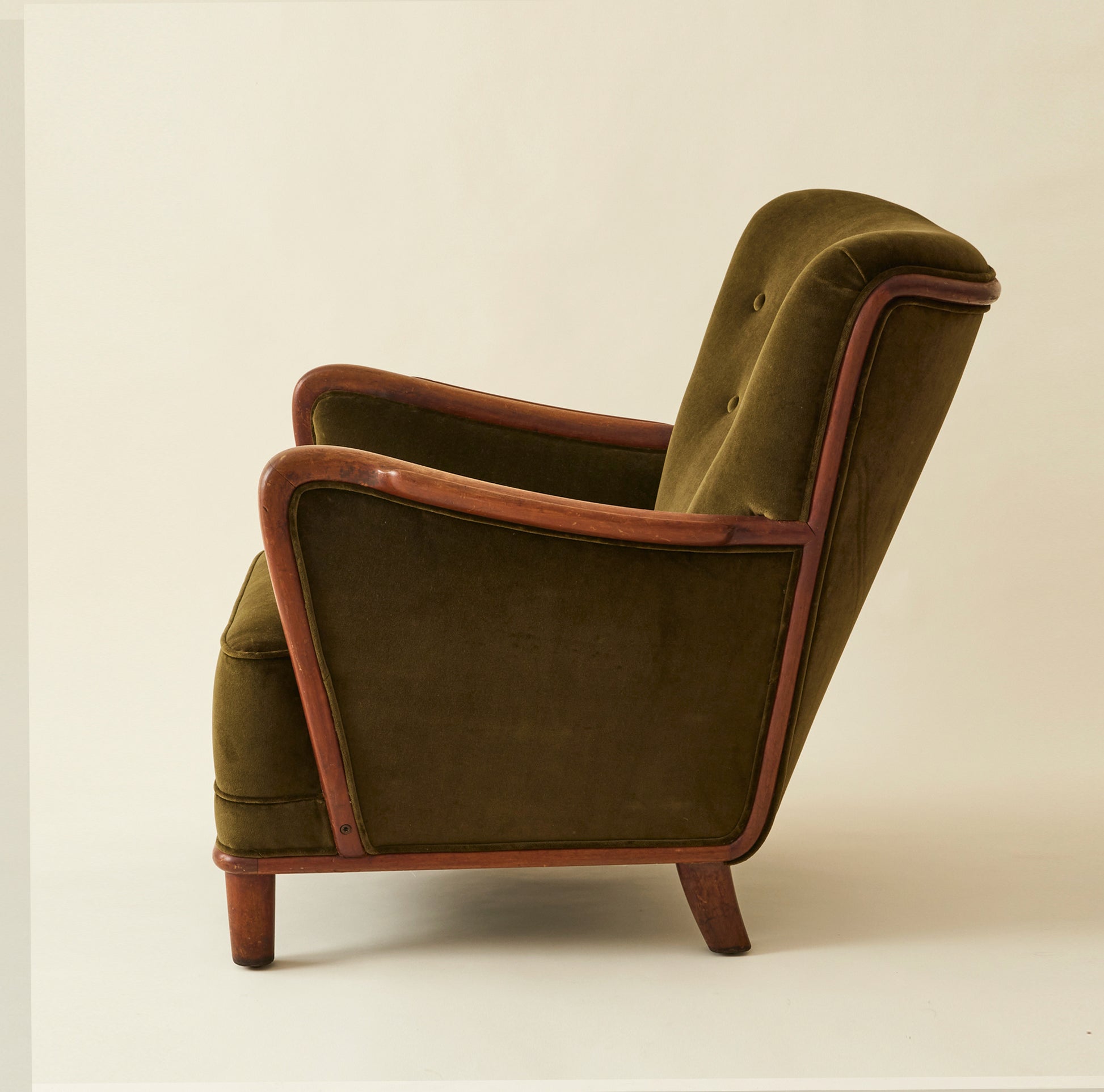 Danish Lounge Chair With Velvet and Wood Trimmed Armrest, 1940's