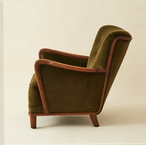 Danish Lounge Chair With Velvet and Wood Trimmed Armrest, 1940's