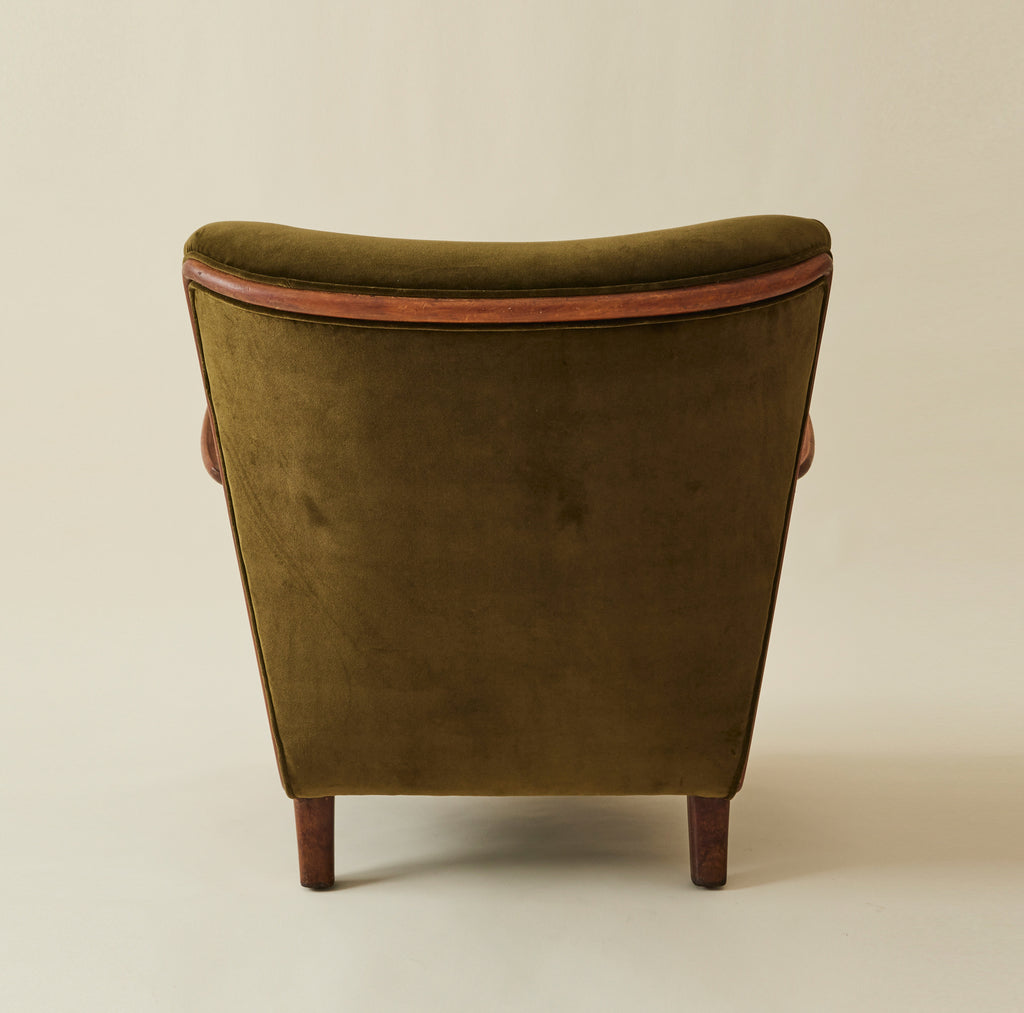 Danish Lounge Chair With Velvet and Wood Trimmed Armrest, 1940's