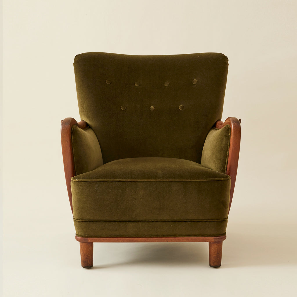 Danish Lounge Chair With Velvet and Wood Trimmed Armrest, 1940's