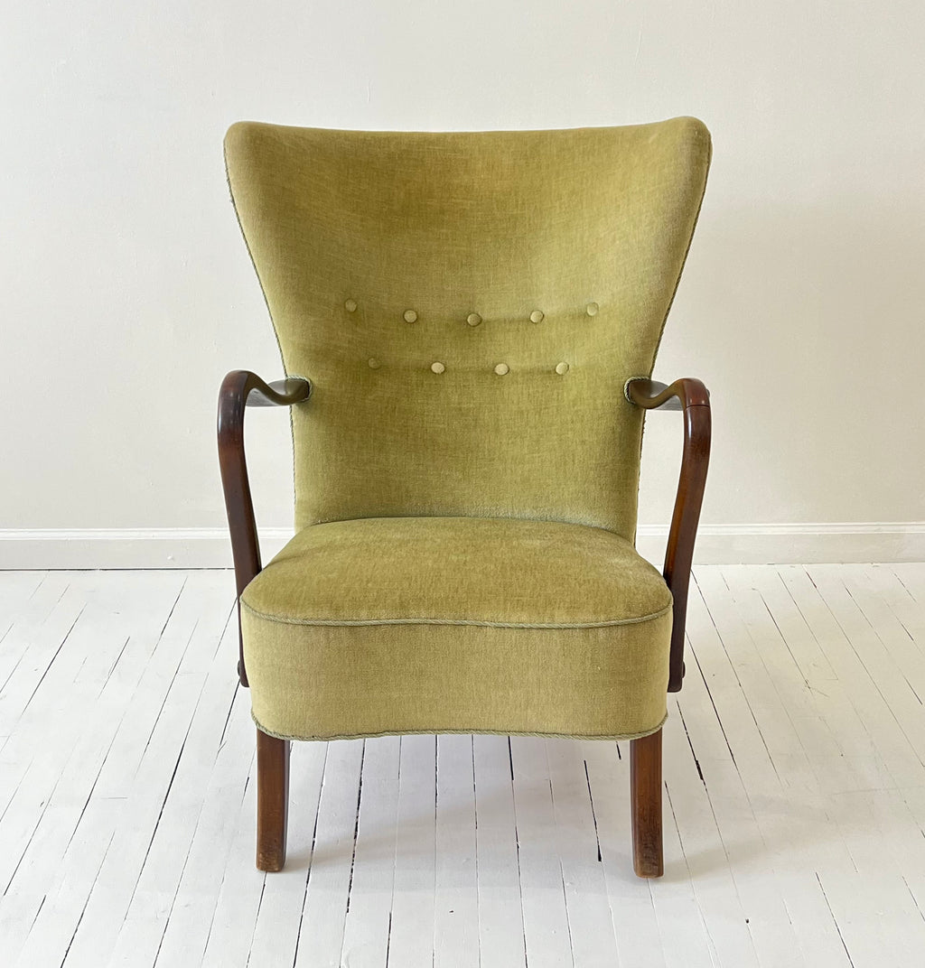 Alfred Christiansen Danish Modern High Back Easy Chair, 1940s, With Curved Open Arms