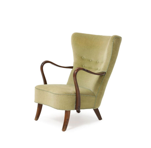 Alfred Christiansen Danish Modern High Back Easy Chair, 1940s, With Curved Open Arms