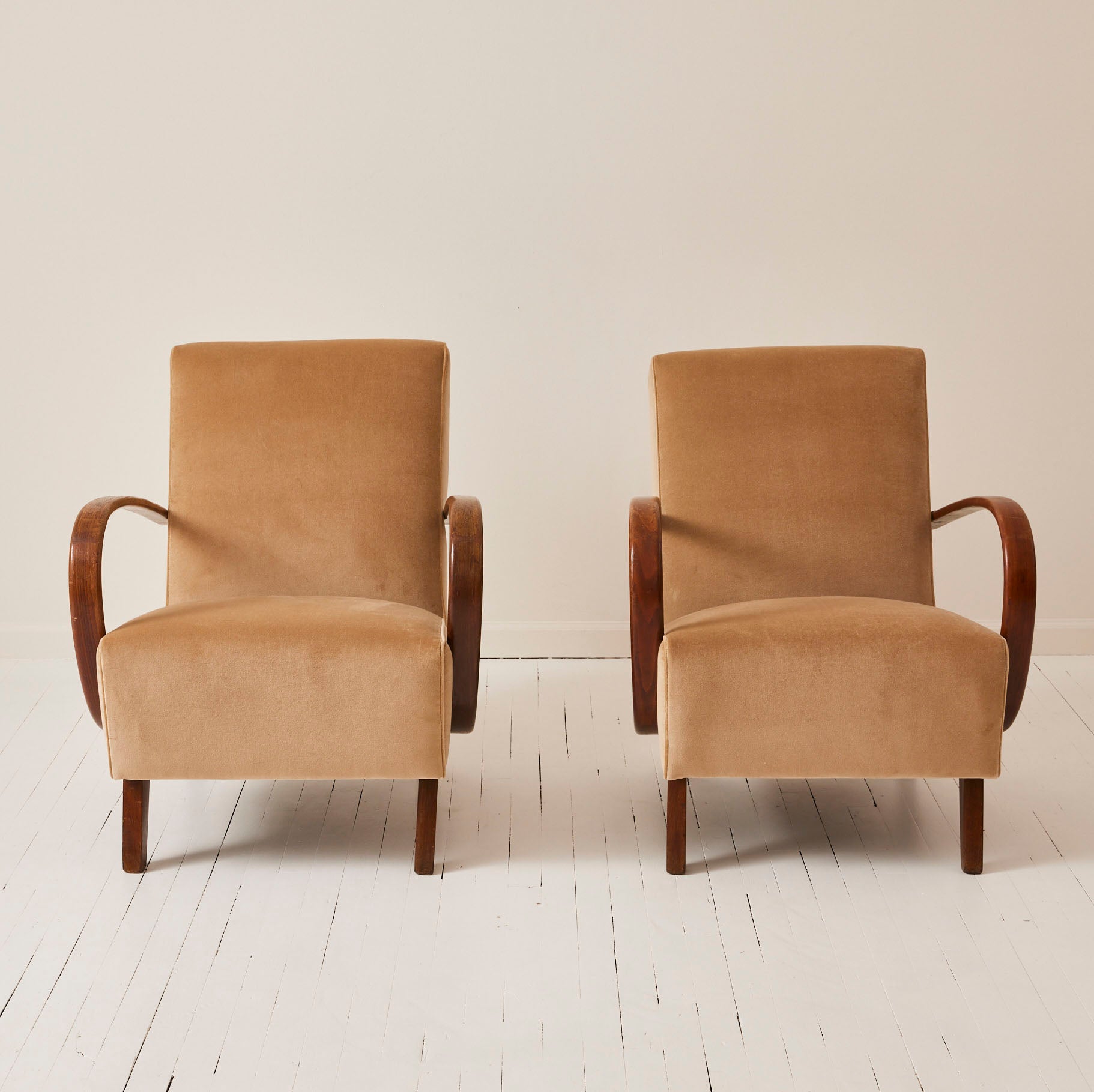 Jindrich Halabala Czech Bentwood Velvet Chairs, 1940's a Pair