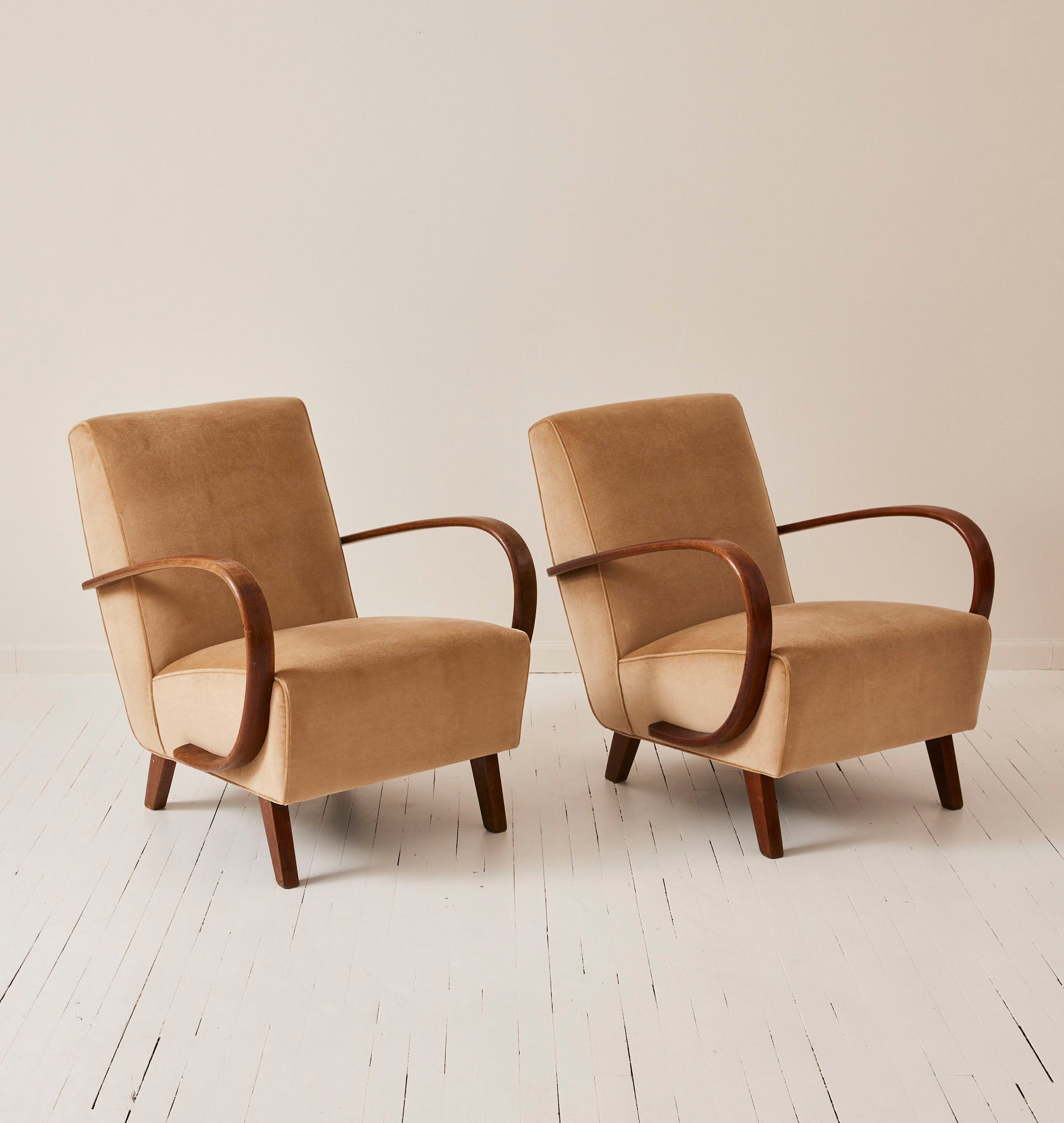 Jindrich Halabala Czech Bentwood Velvet Chairs, 1940's a Pair