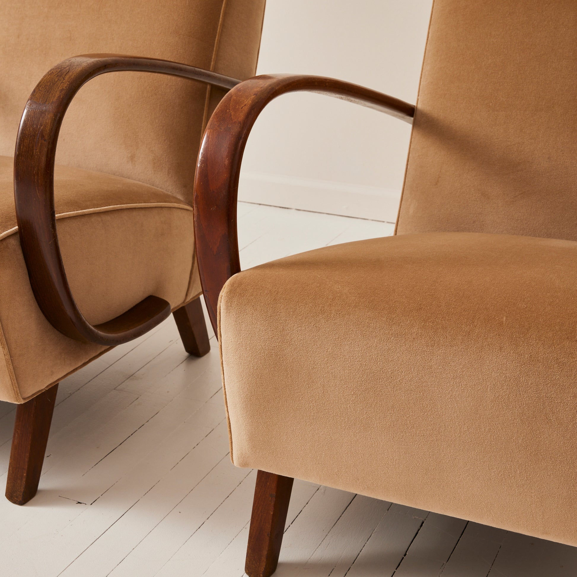 Jindrich Halabala Czech Bentwood Velvet Chairs, 1940's a Pair