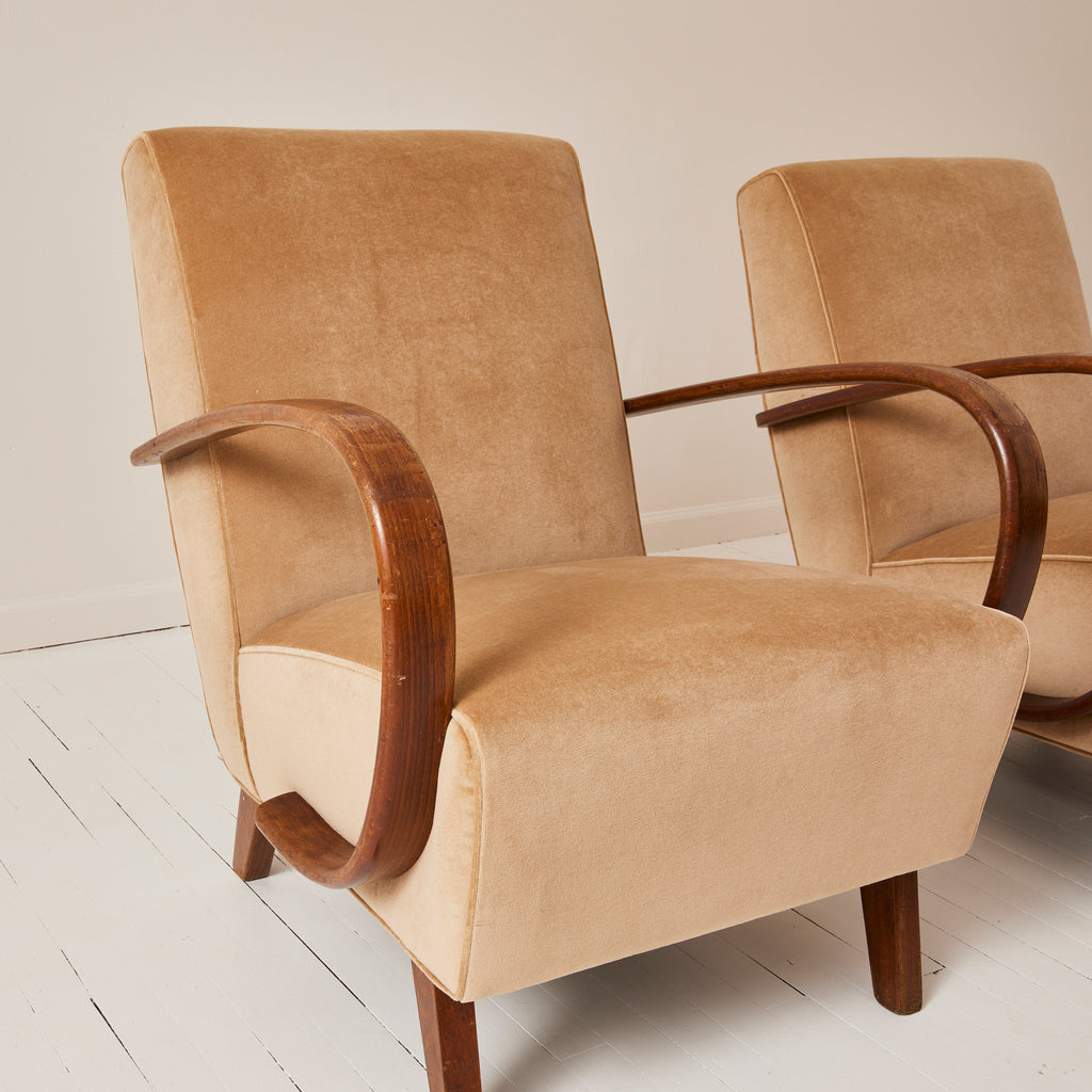 Jindrich Halabala Czech Bentwood Velvet Chairs, 1940's a Pair