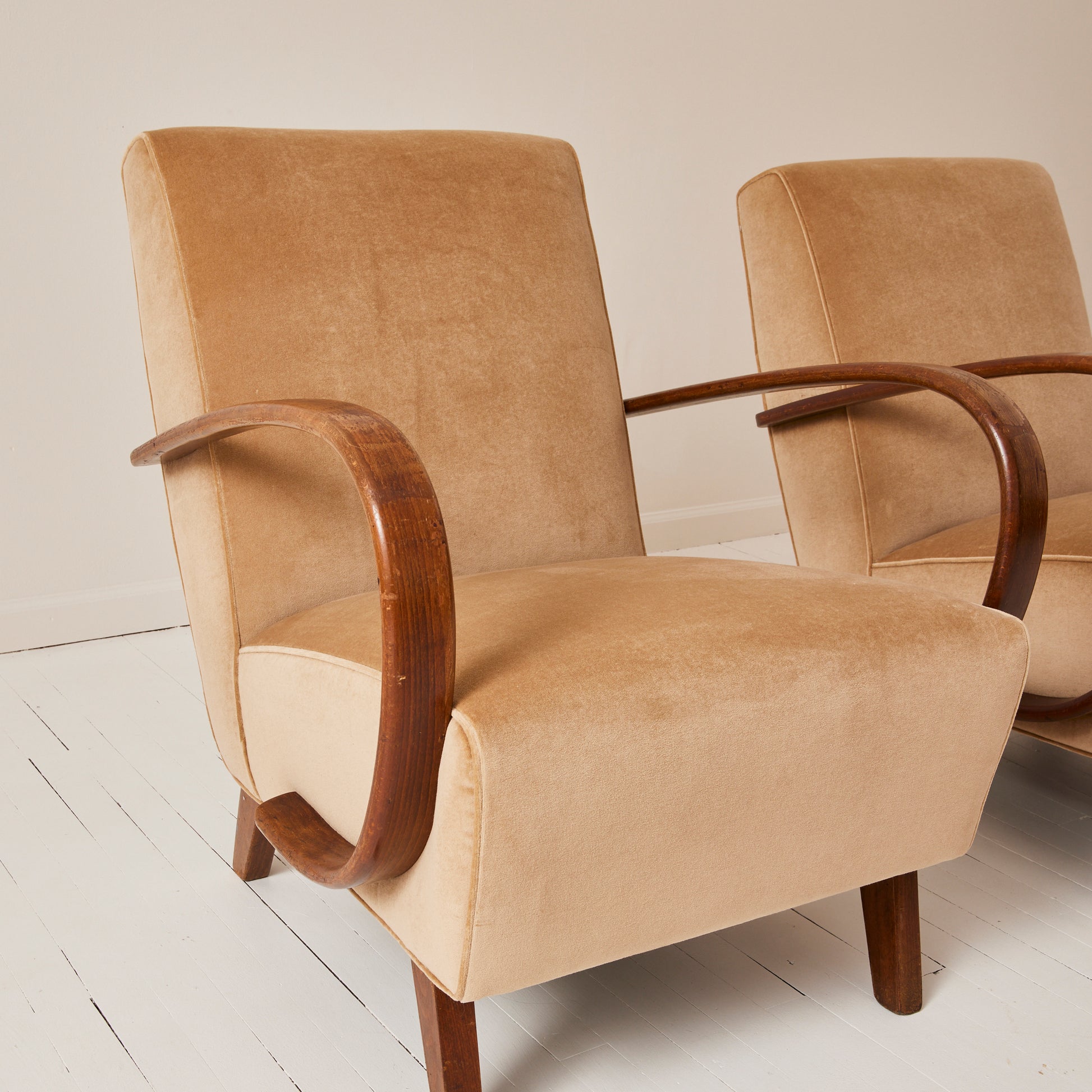 Jindrich Halabala Czech Bentwood Velvet Chairs, 1940's a Pair
