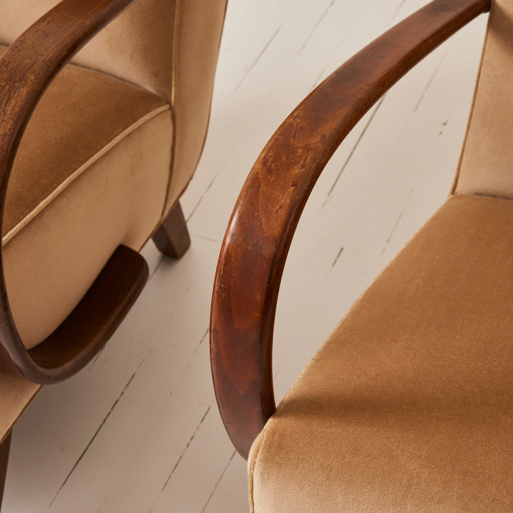 Jindrich Halabala Czech Bentwood Velvet Chairs, 1940's a Pair