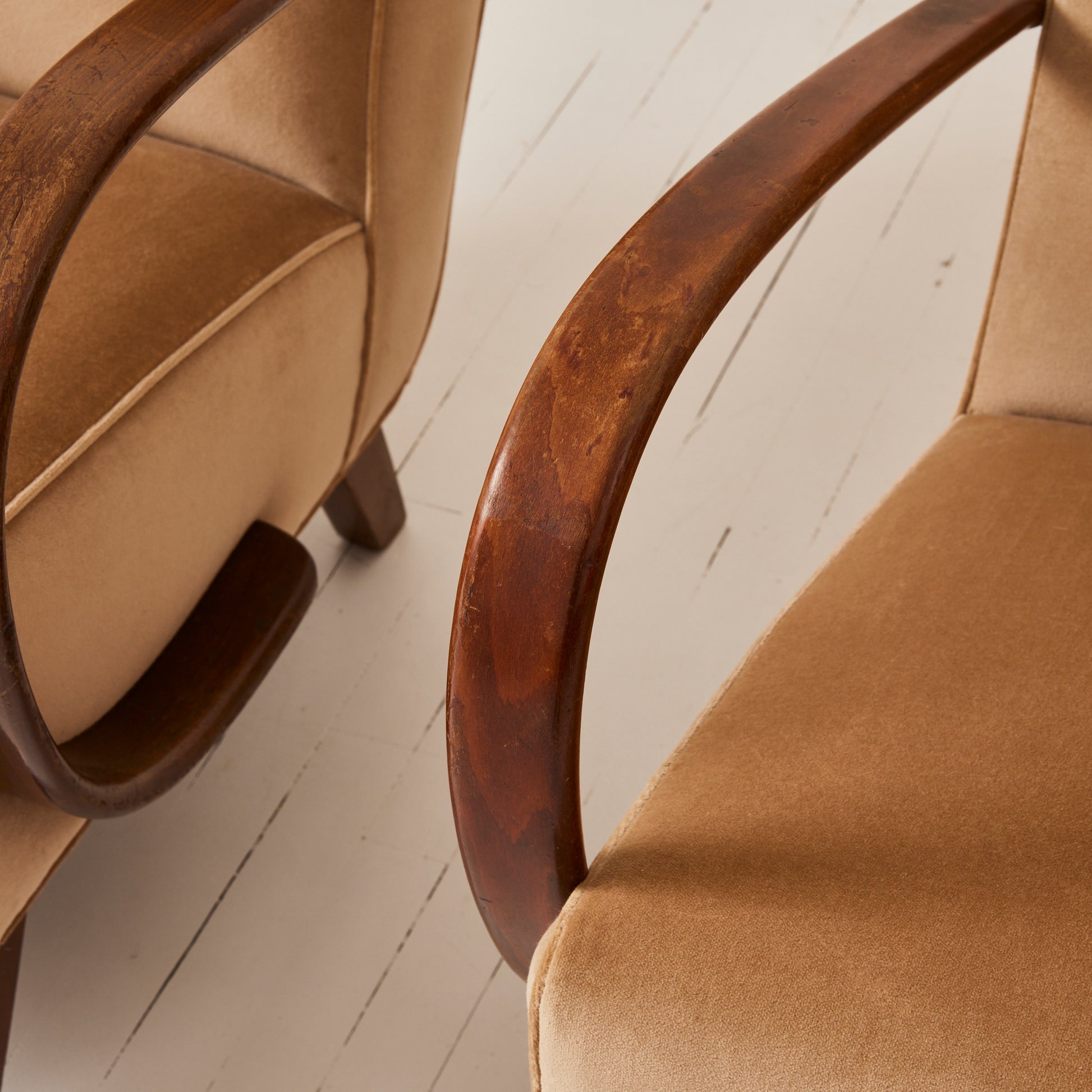 Jindrich Halabala Czech Bentwood Velvet Chairs, 1940's a Pair