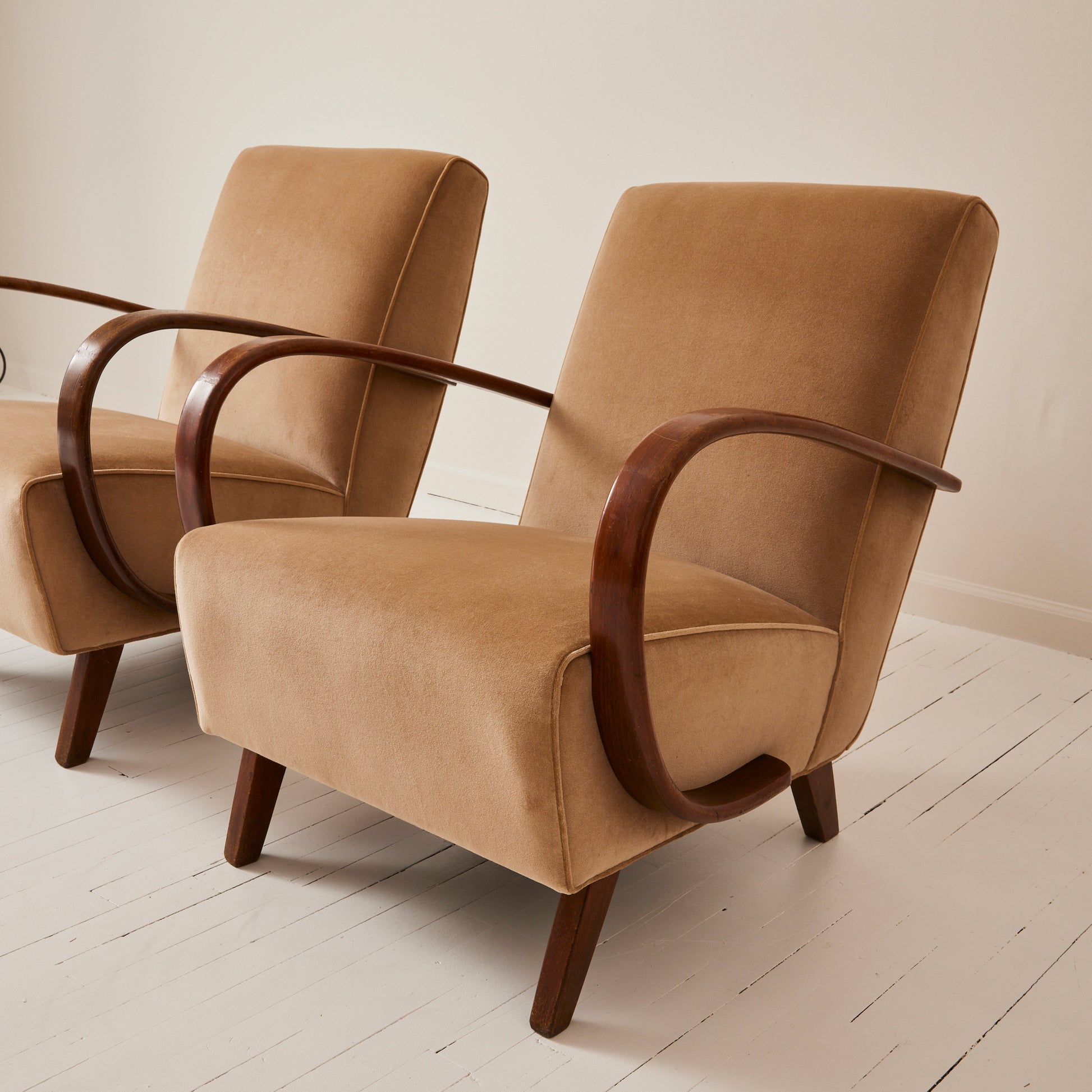 Jindrich Halabala Czech Bentwood Velvet Chairs, 1940's a Pair