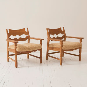 SOLD Henry Kjærnulf "Razorblade" Lounge Chairs in Oak and Sheepskin Seat, 1960s - Set of 2