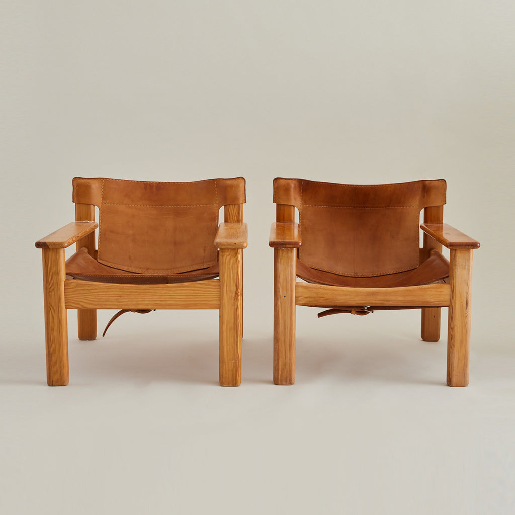 Karin Mobring Pine and Saddle Leather Lounge Chairs, 1970's, a pair