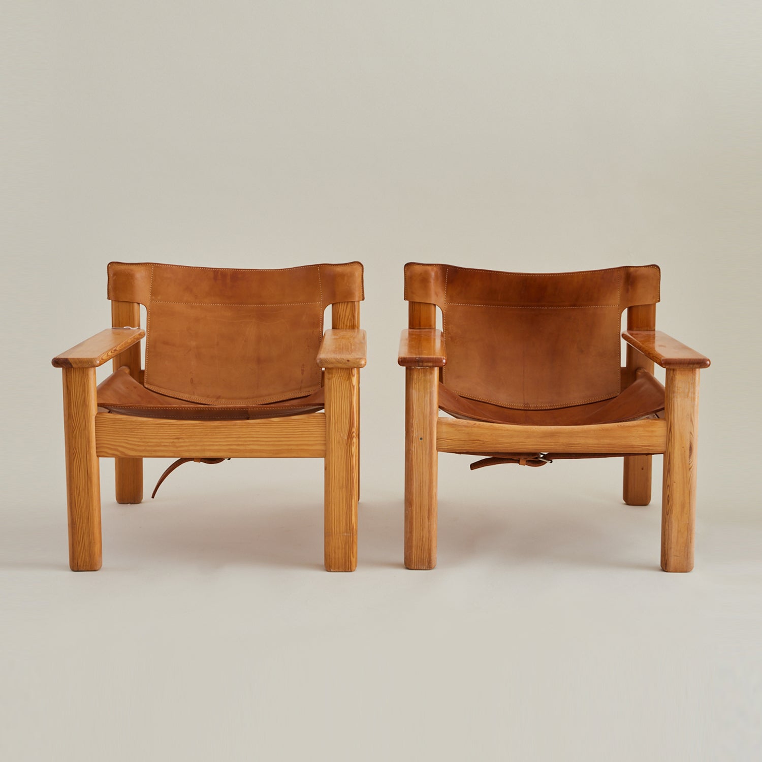 Karin Mobring Pine and Saddle Leather Lounge Chairs, 1970's, a pair