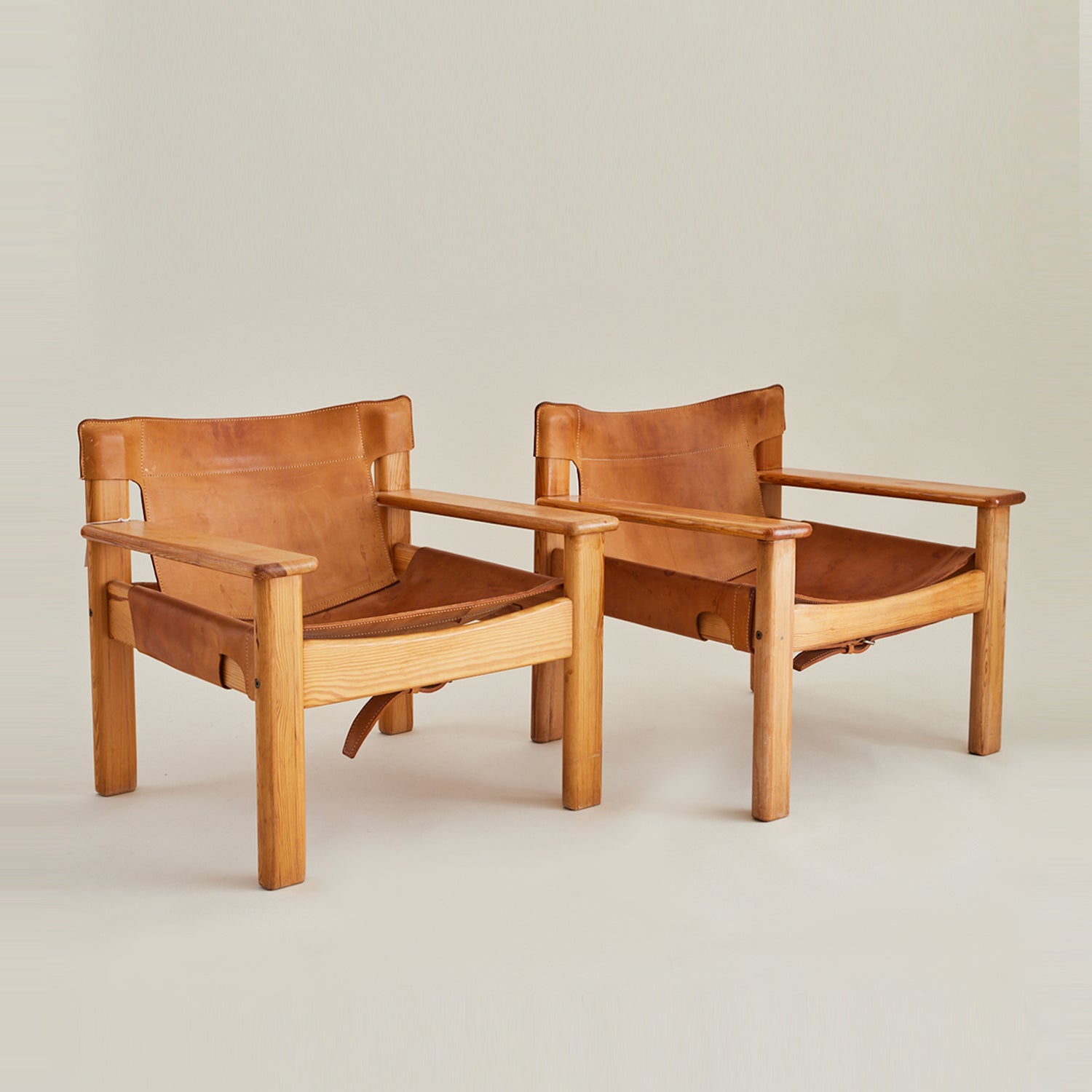 Karin Mobring Pine and Saddle Leather Lounge Chairs, 1970's, a pair