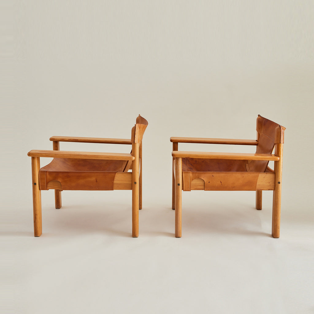 Karin Mobring Pine and Saddle Leather Lounge Chairs, 1970's, a pair