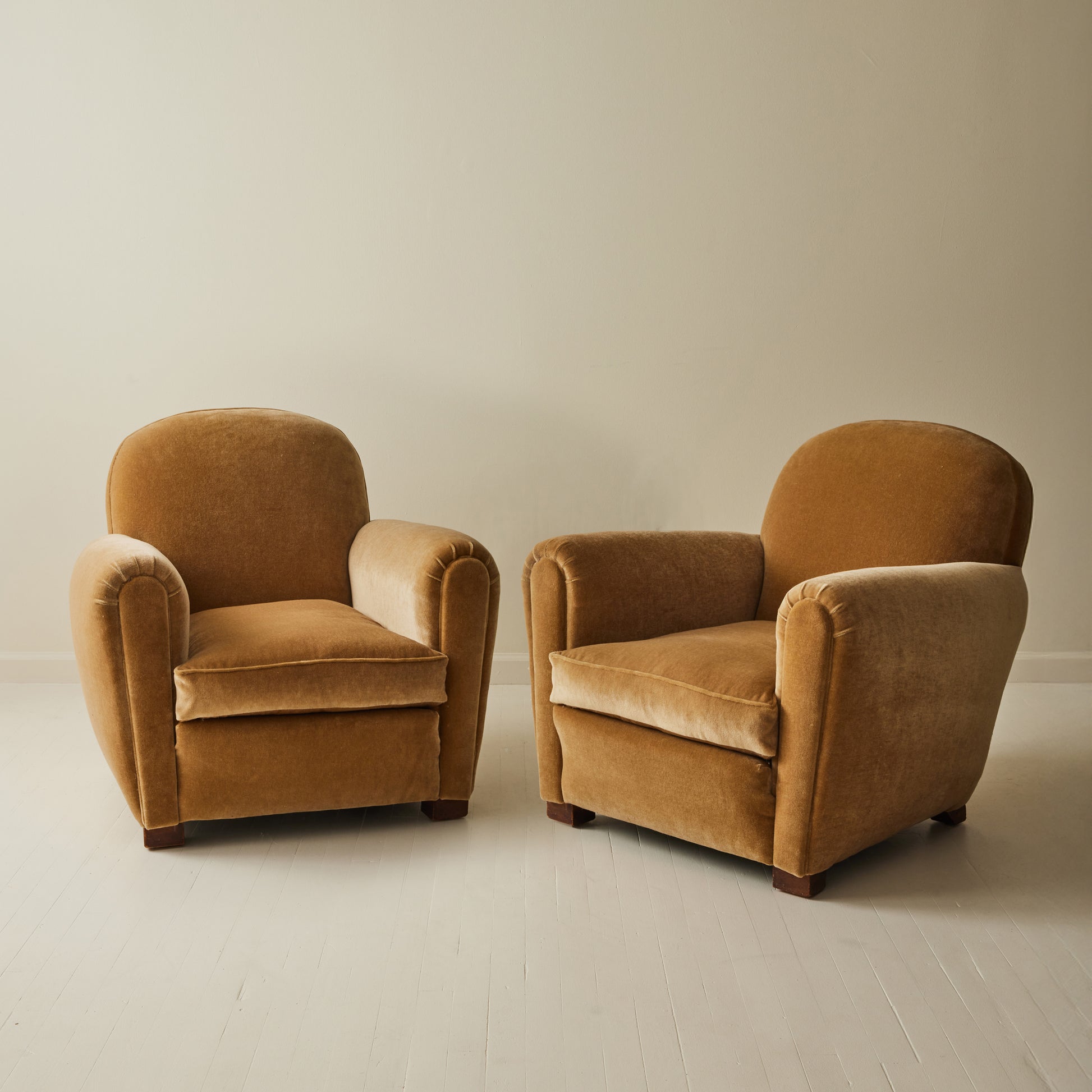 French Club Chairs in Mohair, 1940's, a pair.