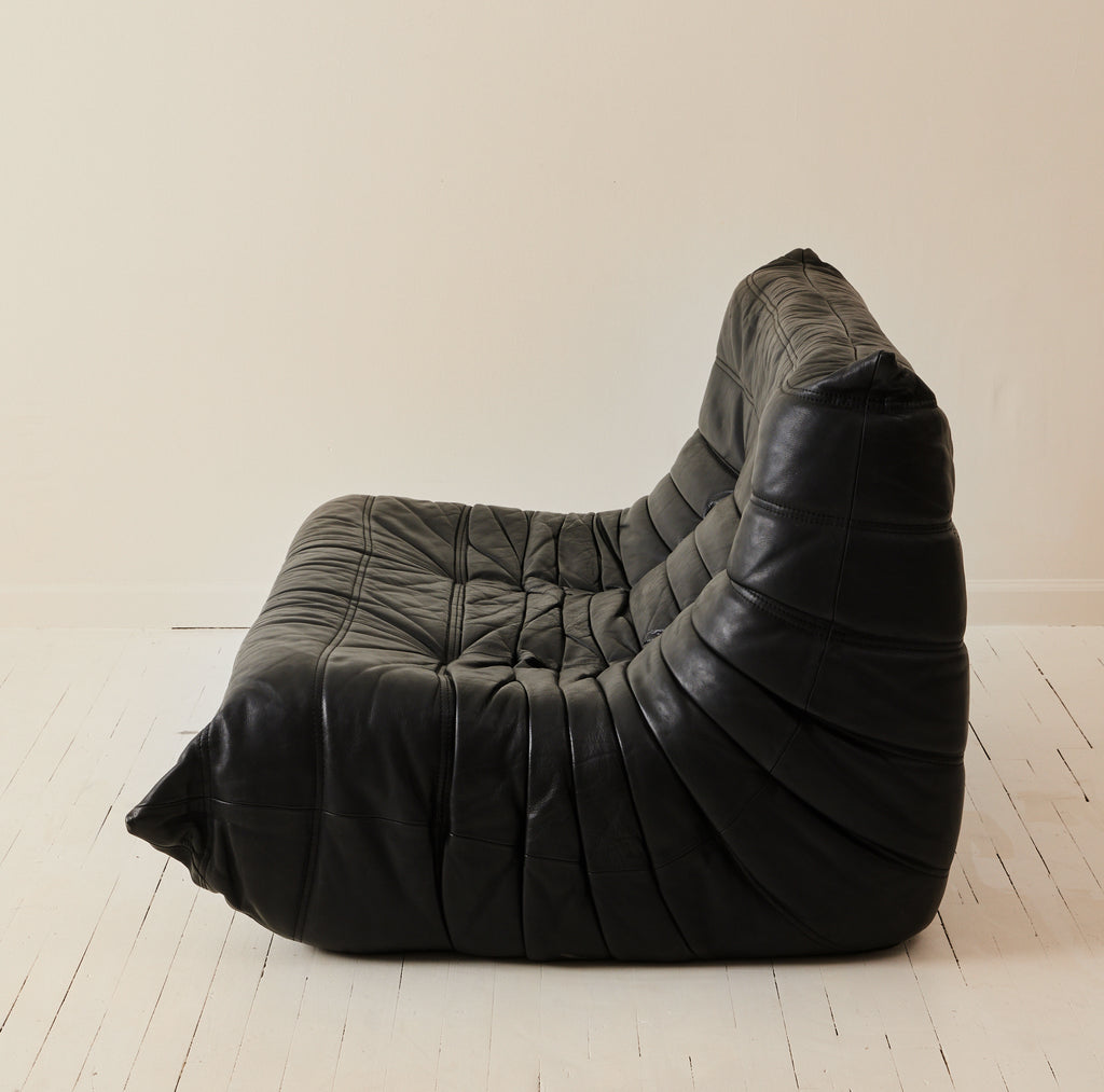 Ligne Roset "Togo" 2 person sofa in black leather, 1970's.