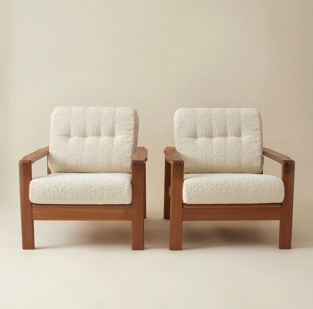Swedish Mid-Century Teak Easy Chairs with Ivory Boucle Cushions, a pair