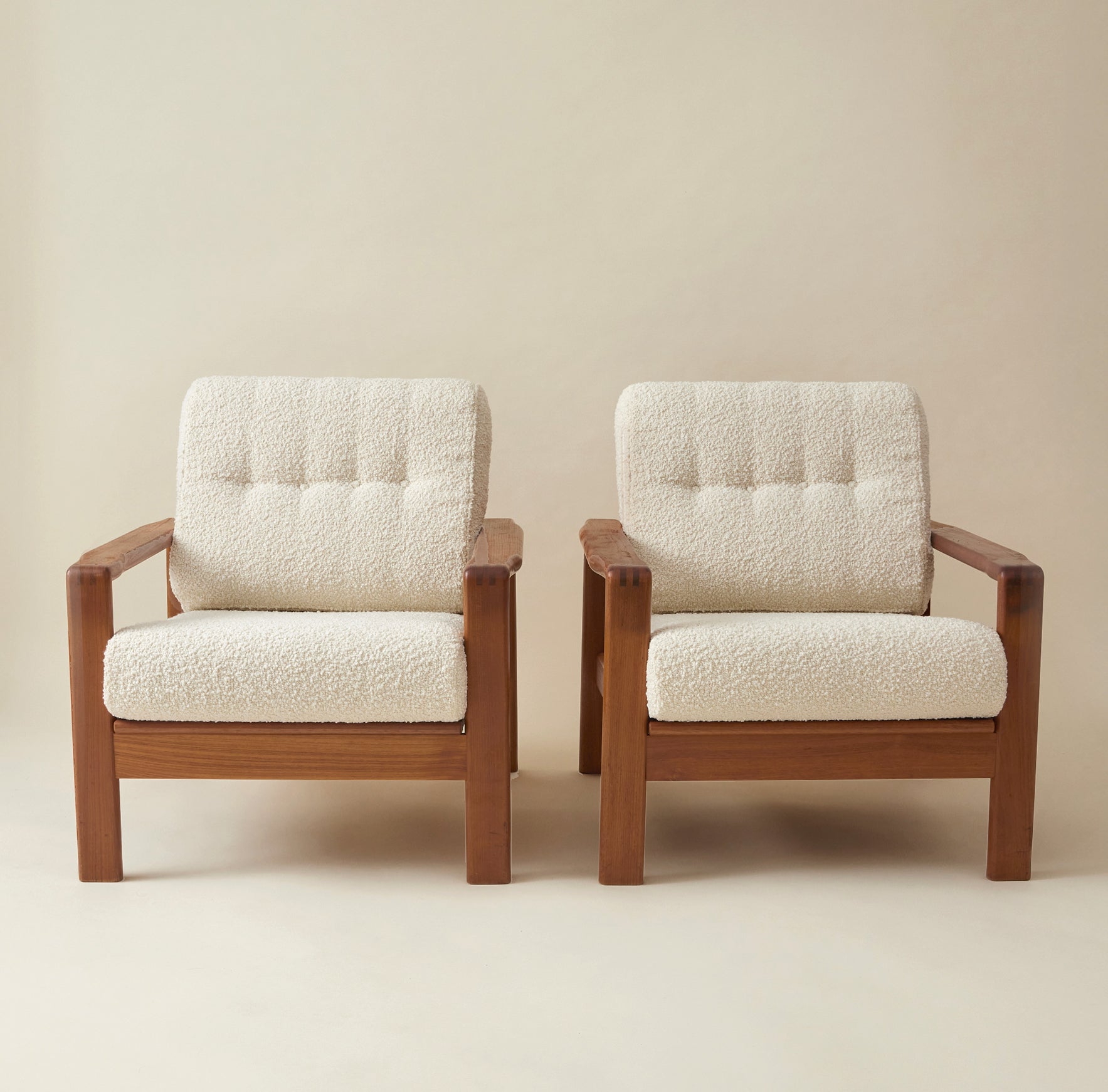Swedish Mid-Century Teak Easy Chairs with Ivory Boucle Cushions, a pair