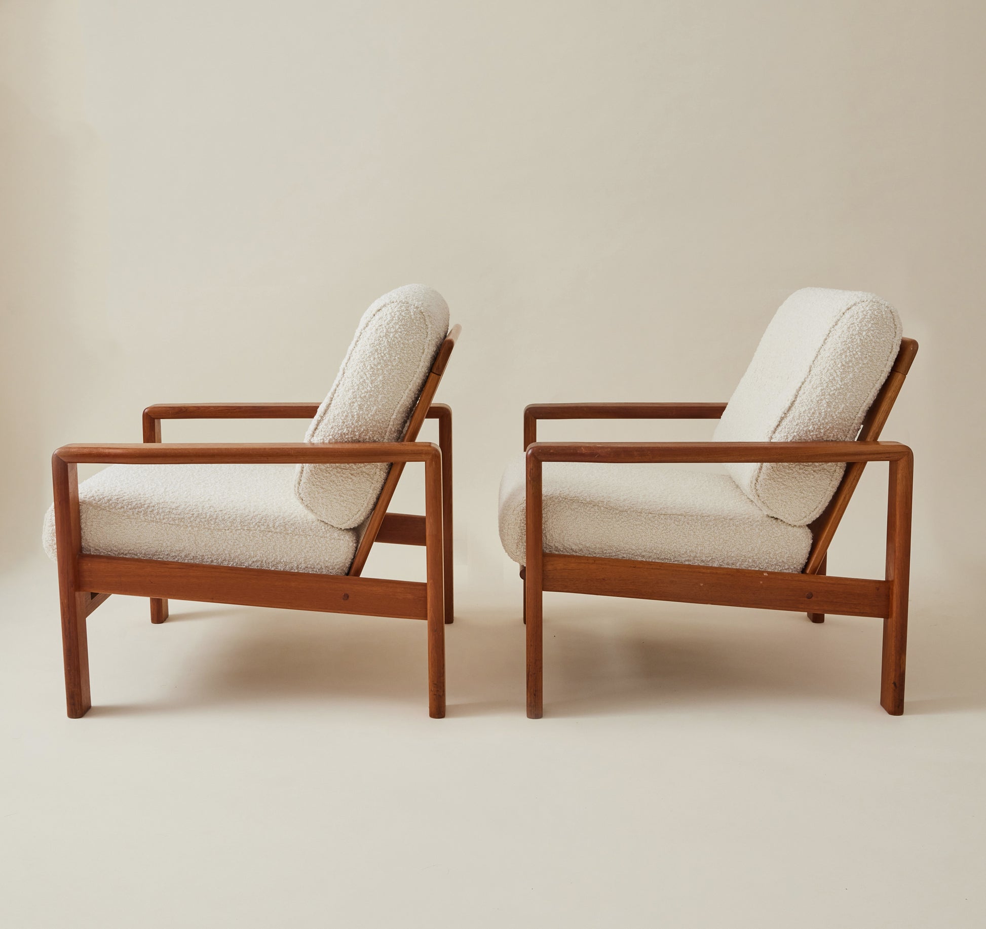 Swedish Mid-Century Teak Easy Chairs with Ivory Boucle Cushions, a pair