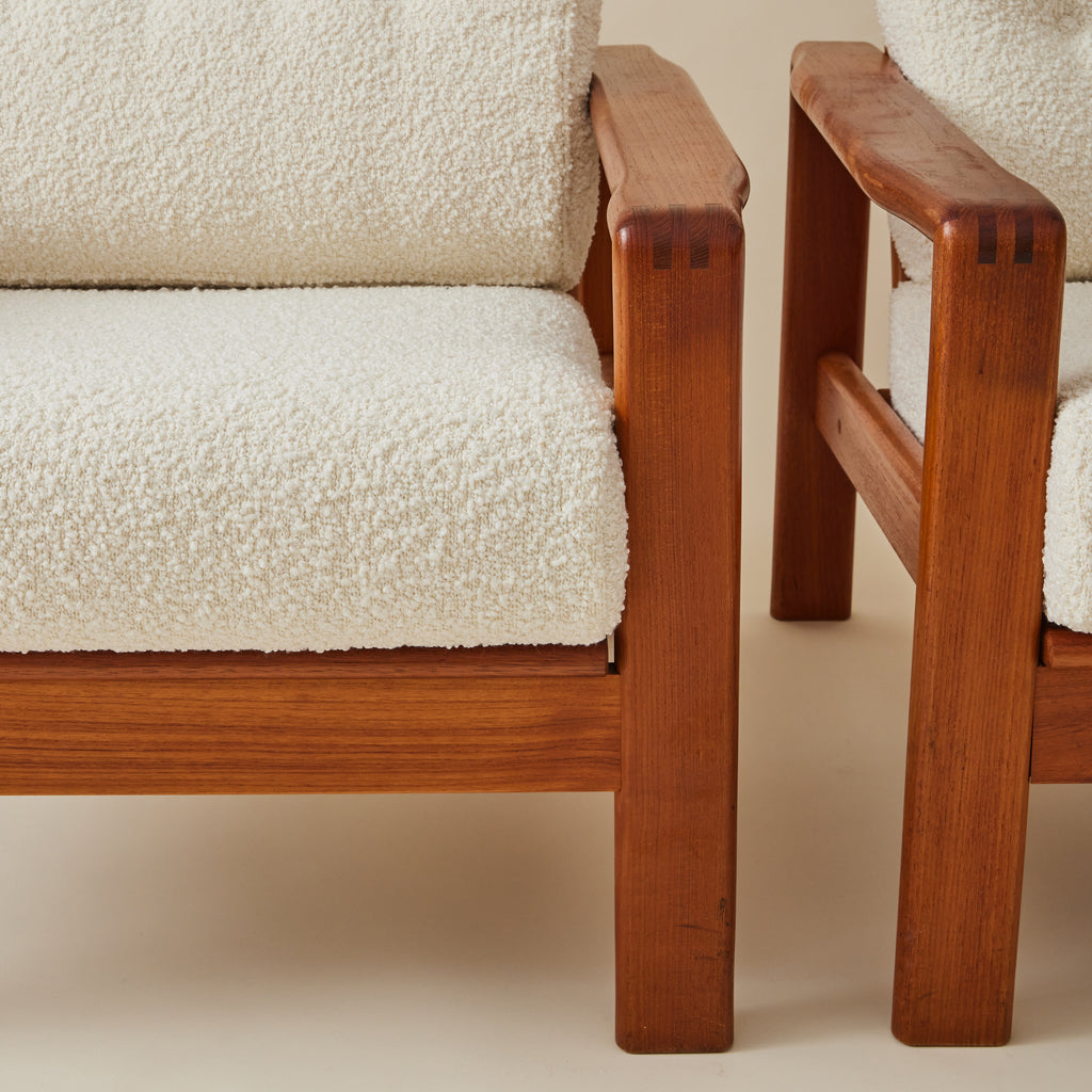 Swedish Mid-Century Teak Easy Chairs with Ivory Boucle Cushions, a pair