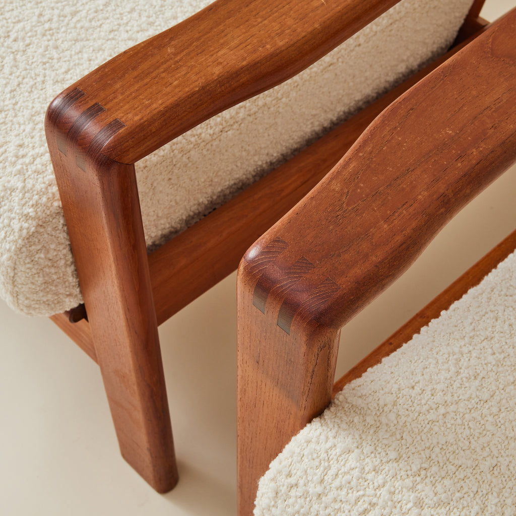 Swedish Mid-Century Teak Easy Chairs with Ivory Boucle Cushions, a pair
