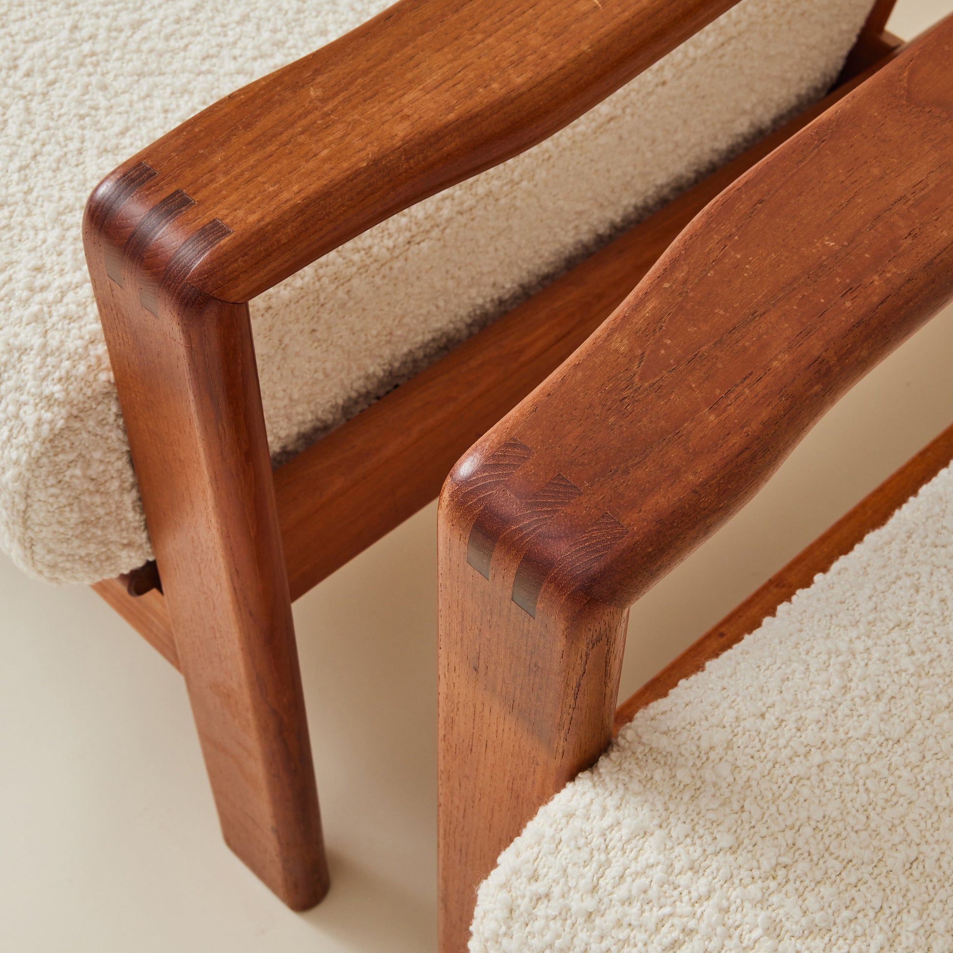 Swedish Mid-Century Teak Easy Chairs with Ivory Boucle Cushions, a pair