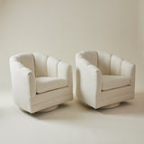 Mid Century Ivory Boucle Swivel Chairs in the style of Milo Baughman, a pair