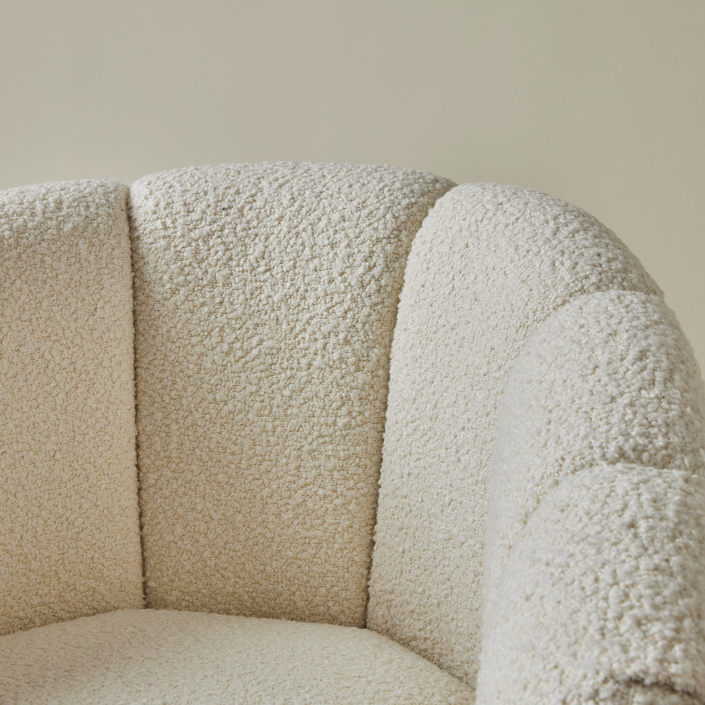 Mid Century Ivory Boucle Swivel Chairs in the style of Milo Baughman, a pair