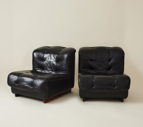 Swedish Mid Century Modern Modular Lounge Chairs in Black Leather, 1960's/70's