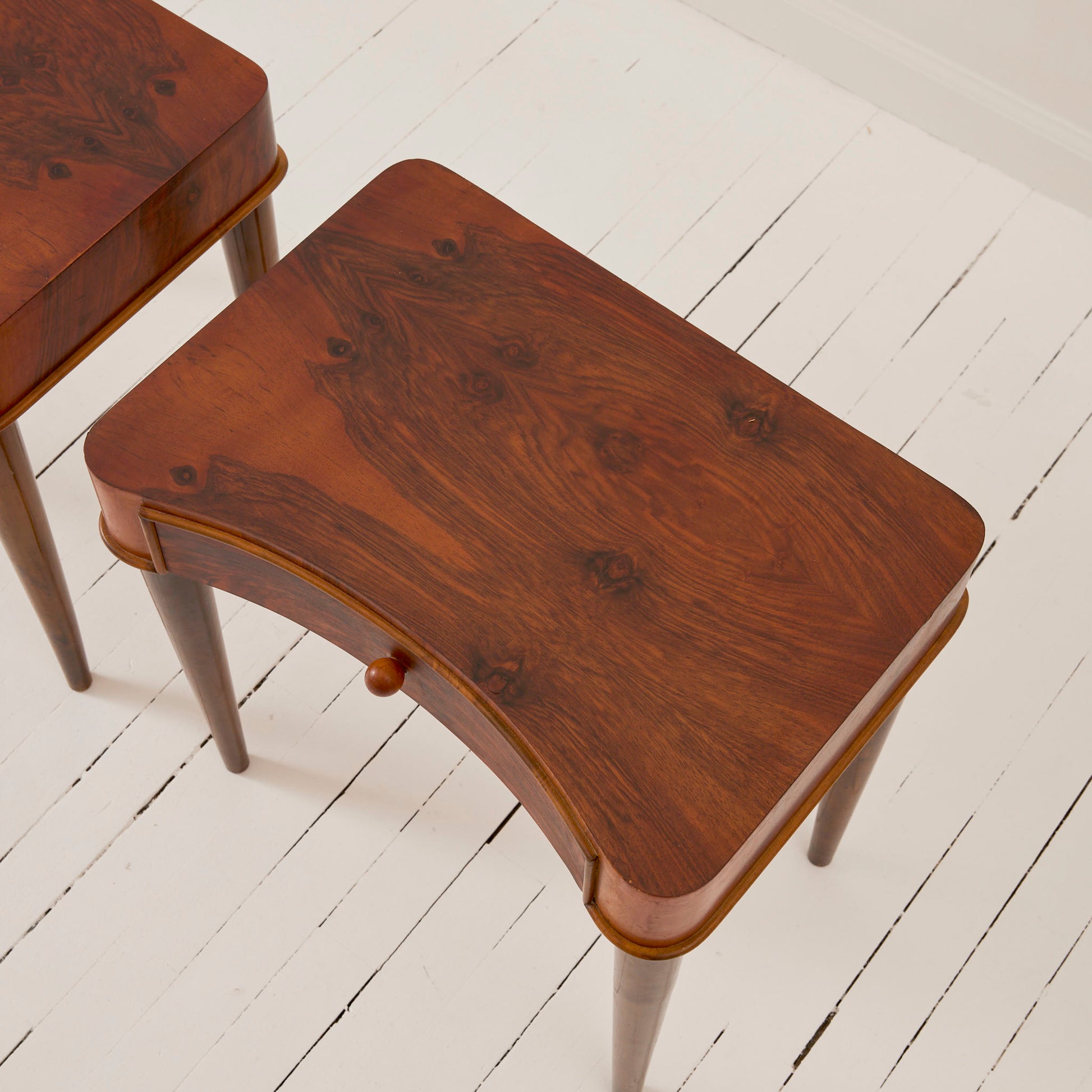 Swedish Art Deco Walnut Nightstands With Curved Drawers, a Pair, 1940's