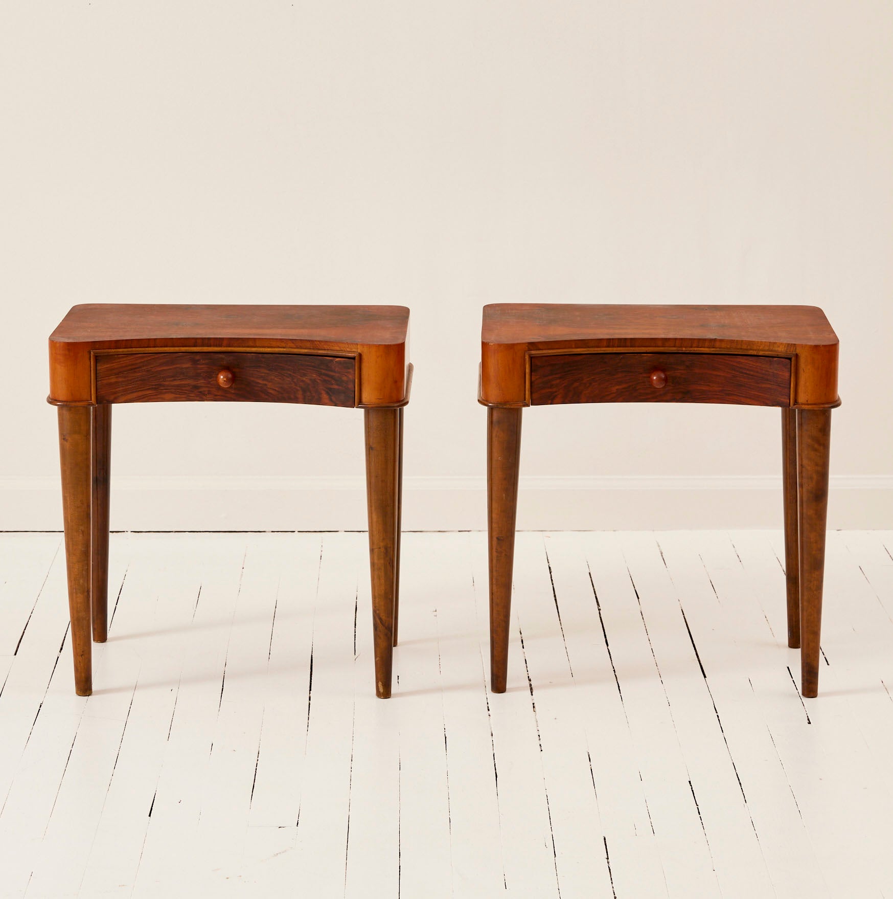 Swedish Art Deco Walnut Nightstands With Curved Drawers, a Pair, 1940's