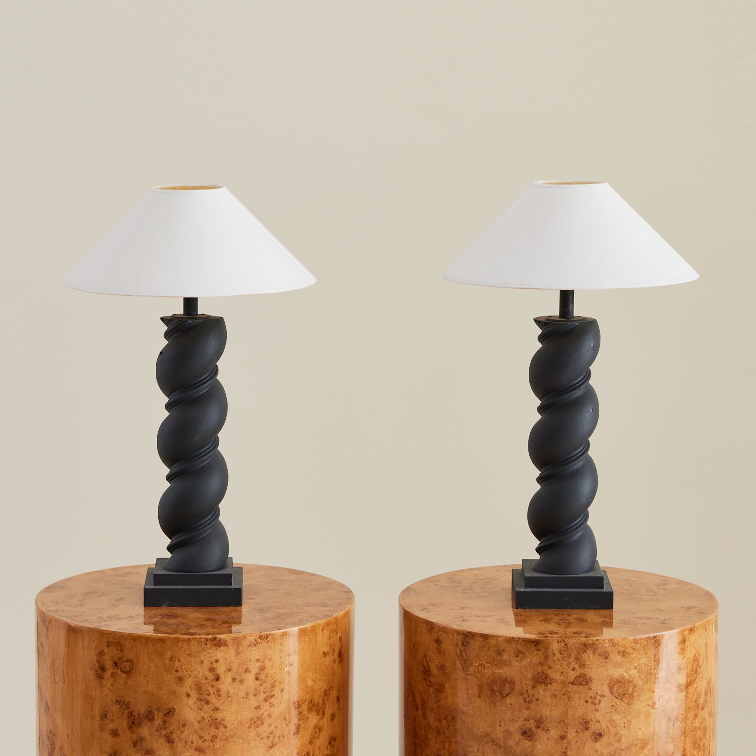 ON HOLD Pair of French twisted wood lamps in matte black, 1950's