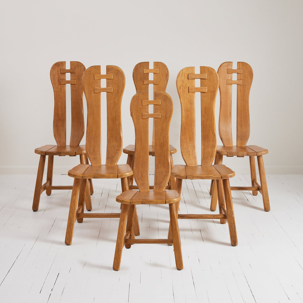 De Puydt Belgian Brutalist Oak Dining Chairs, 1970's, set of 6