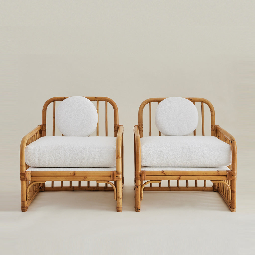 Vintage Italian Rattan Lounge chairs with boucle cushions, 1960's.