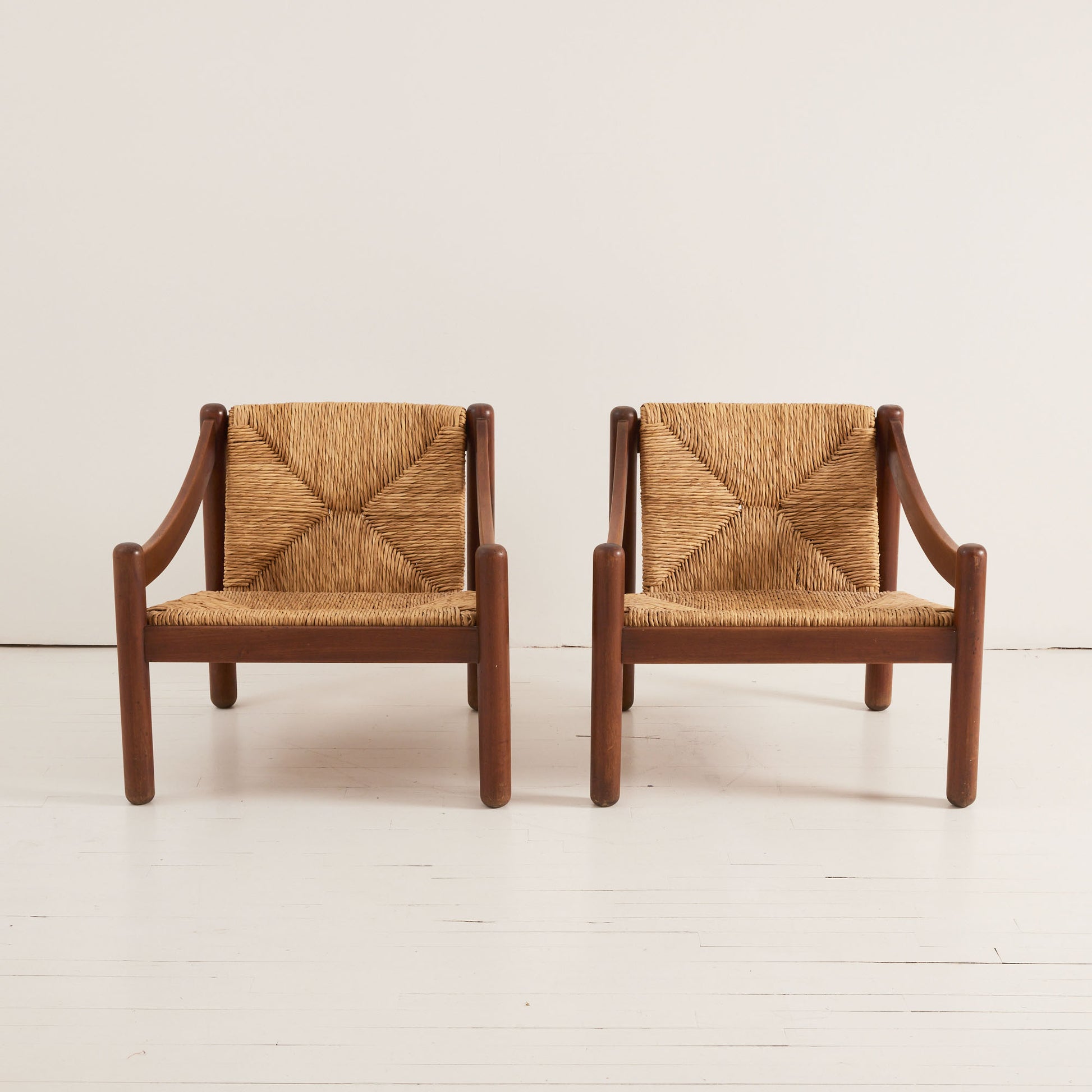 Vico Magistretti "Carimate" Chairs | 1960s Vintage Lacquered Beech and Rush for Cassina, Set of 2