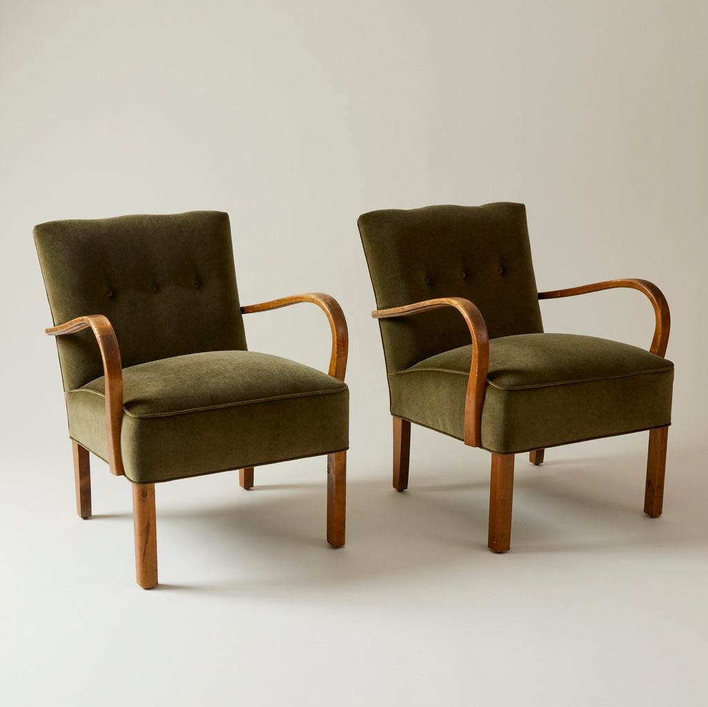Swedish Modern Easy Chairs With Curved Beach Arms, Upholstered in Velvet, 1940s - Set of 2