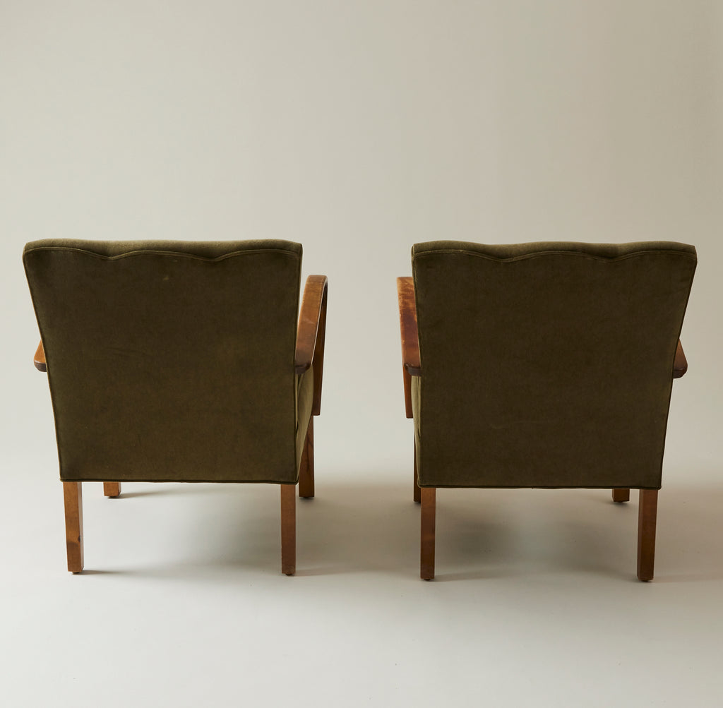 Swedish Modern Easy Chairs With Curved Beach Arms, Upholstered in Velvet, 1940s - Set of 2