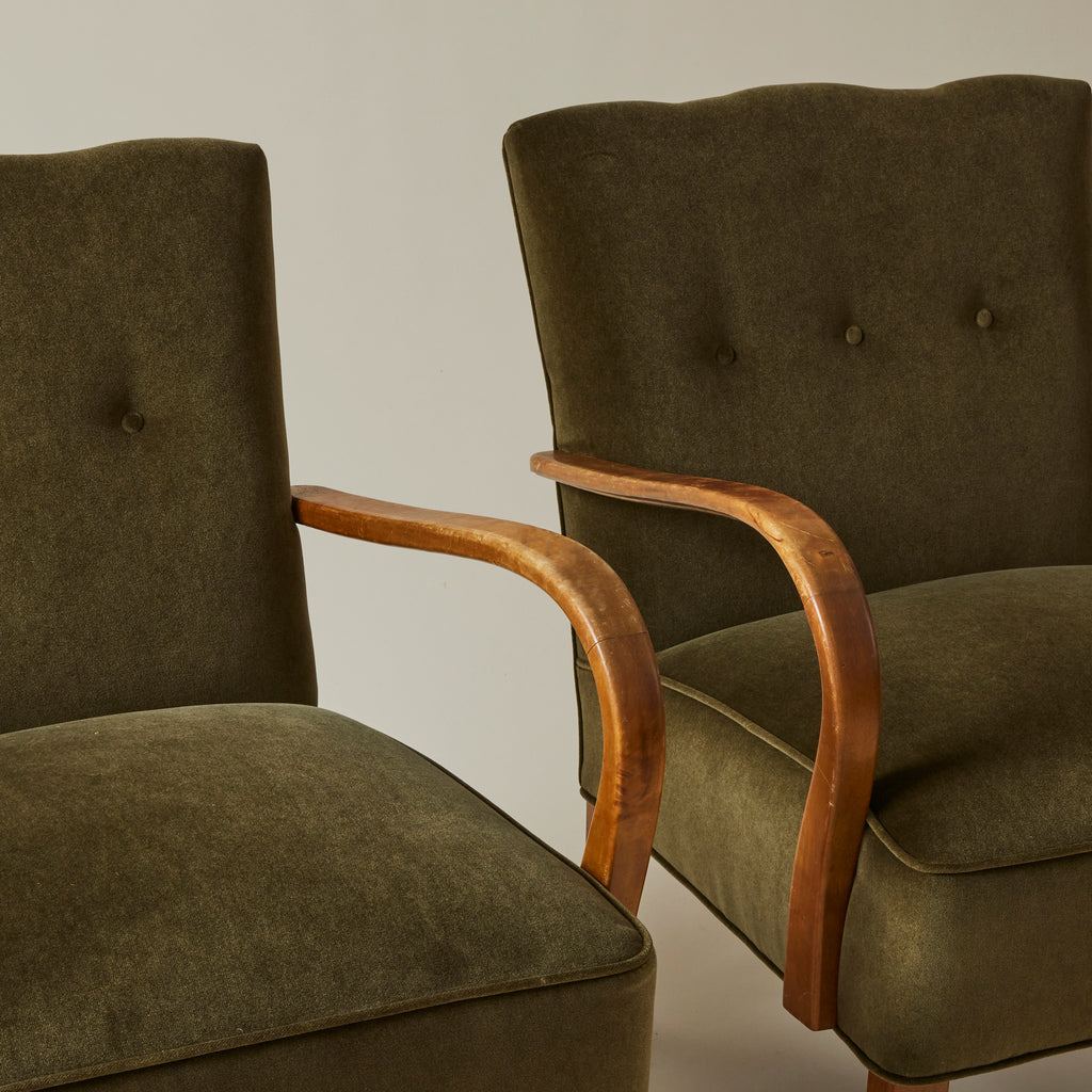 Swedish Modern Easy Chairs With Curved Beach Arms, Upholstered in Velvet, 1940s - Set of 2